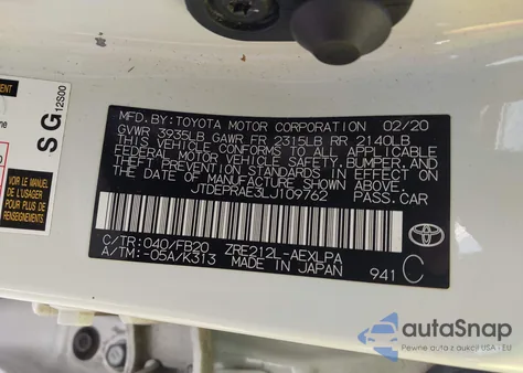 2020 Toyota Corolla Le из США, поврежденный, VIN JTDEPRAE3LJ109762